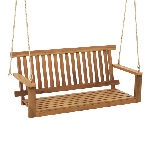 2-Seat Acacia Wood Porch Swing Bench with 2 Hanging Hemp Ropes