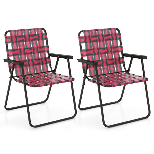 2 Pieces Folding Beach Chair Camping Lawn Webbing Chair-Red