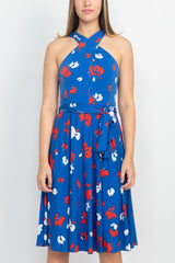 Tahari ASL Crossed Neck Sleeveless Tie Waist Zipper Back Multi Print Jersey Dress by Curated Brands