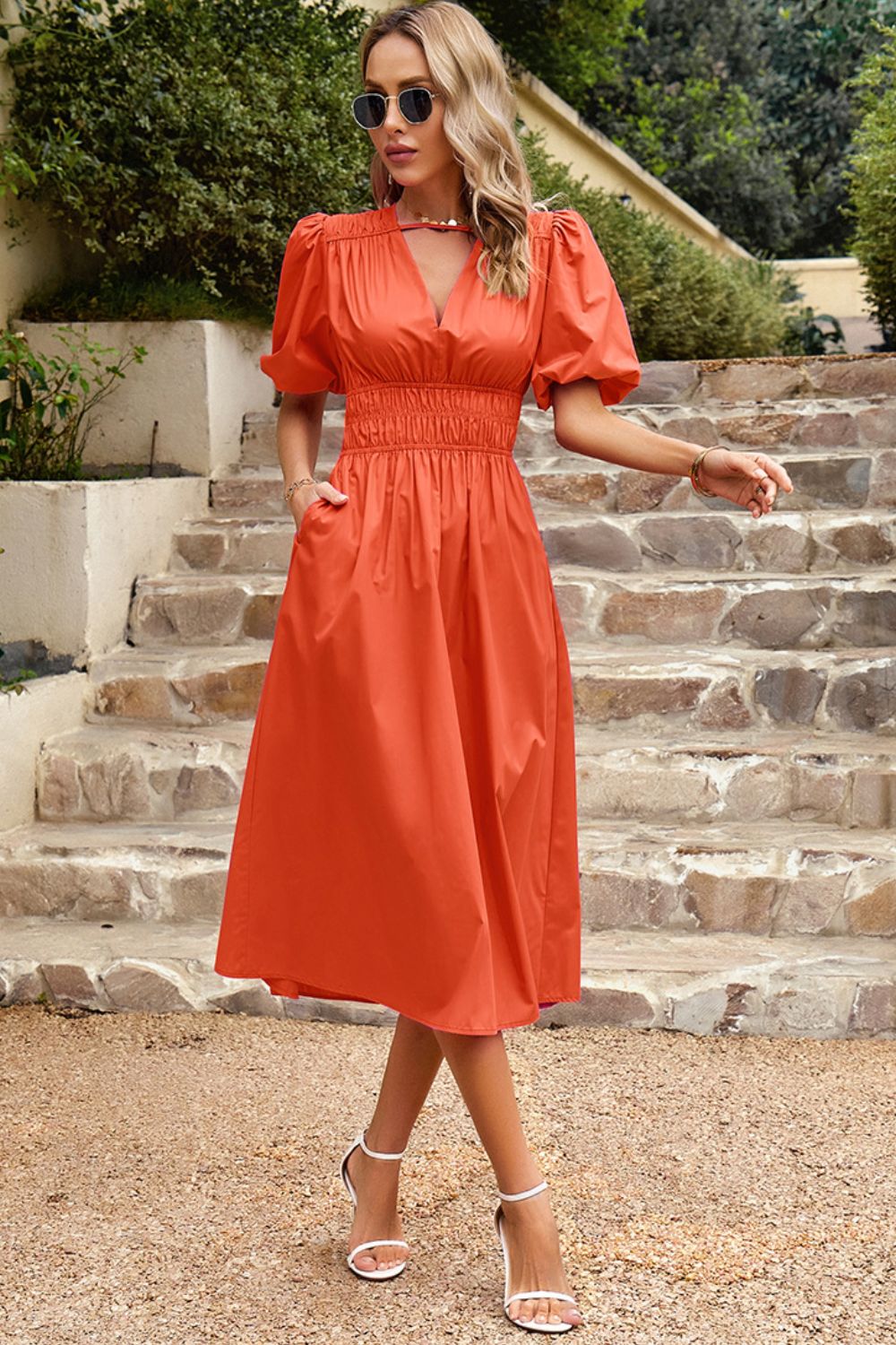 Puff Sleeve Smocked Waist Midi Dress by Faz