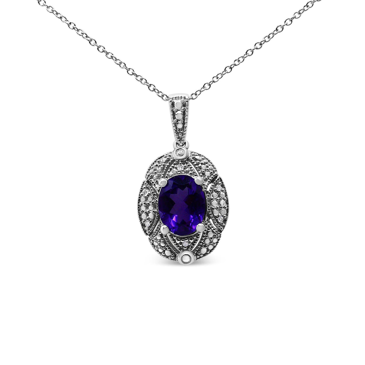 .925 Sterling Silver Diamond Accent and 9x7mm Purple Oval Amethyst Gemstone Pendant 18" Necklace (I-J Color, I1-I2 Clarity) by Haus of Brilliance