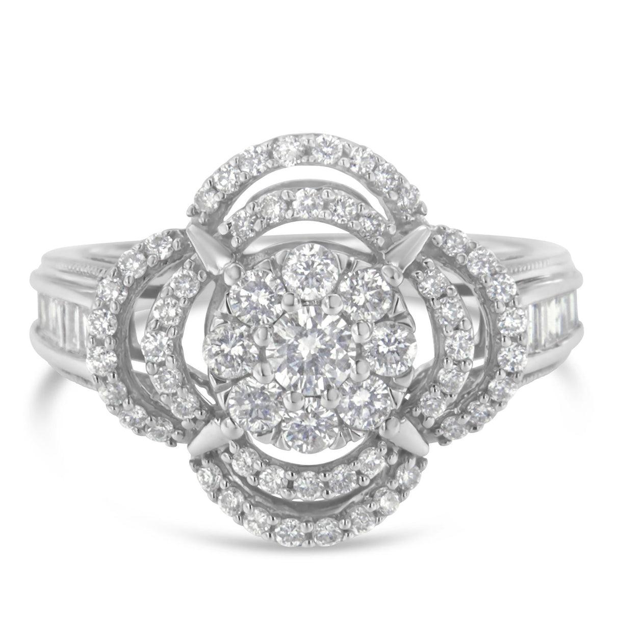 14K White Gold 1.0 Cttw Round & Baguette Cut Diamond Floral Cluster Quatrefoil Channel Set Band Cocktail Statement Ring (H-I Color, SI2-I1 Clarity) by Haus of Brilliance