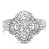 14K White Gold 1.0 Cttw Round & Baguette Cut Diamond Floral Cluster Quatrefoil Channel Set Band Cocktail Statement Ring (H-I Color, SI2-I1 Clarity) by Haus of Brilliance