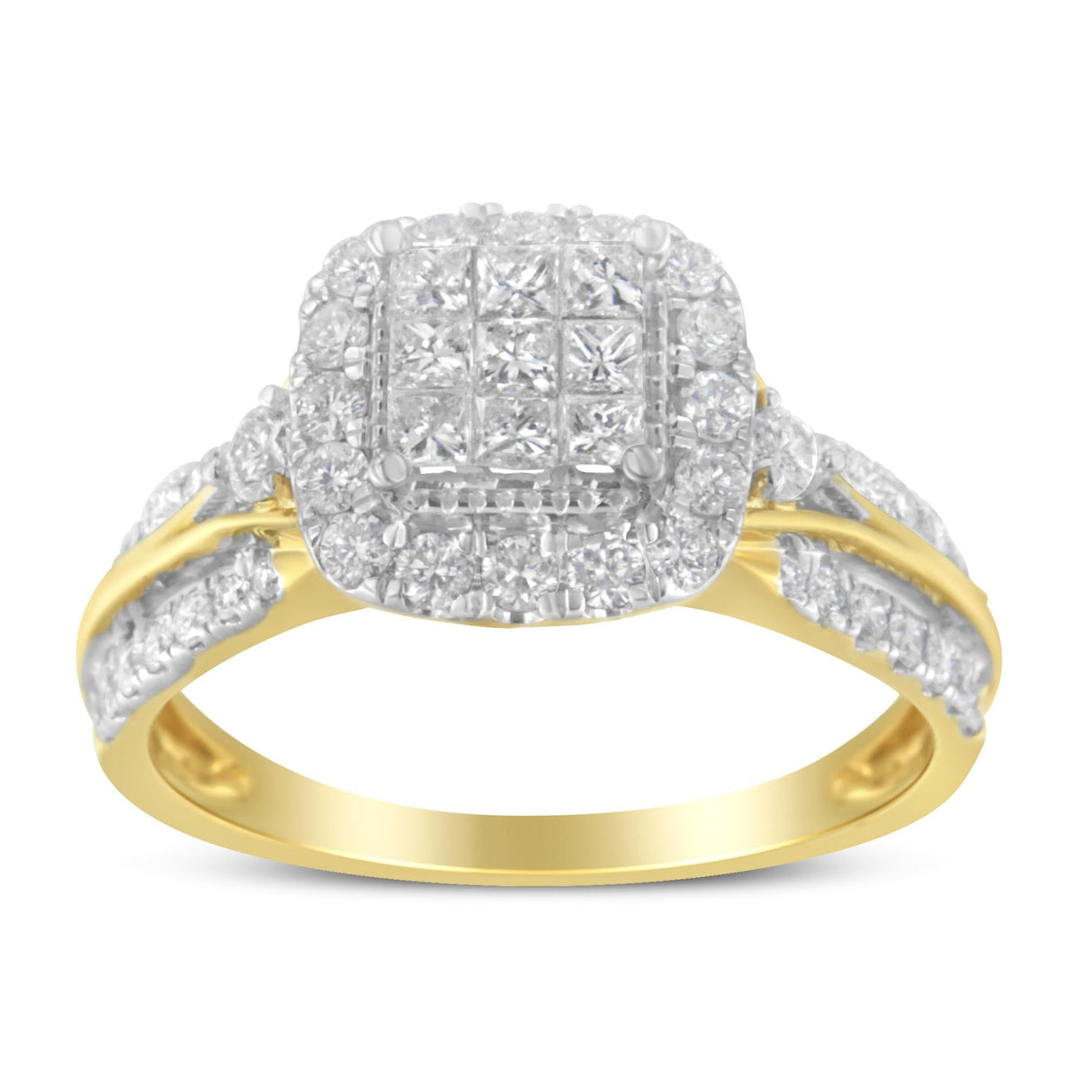 10K Yellow Gold 1.0 Cttw Diamond Composite Cushion-Shape Halo 3-Band-Look Engagement Ring (H-I Color, SI1-SI2 Clarity) by Haus of Brilliance