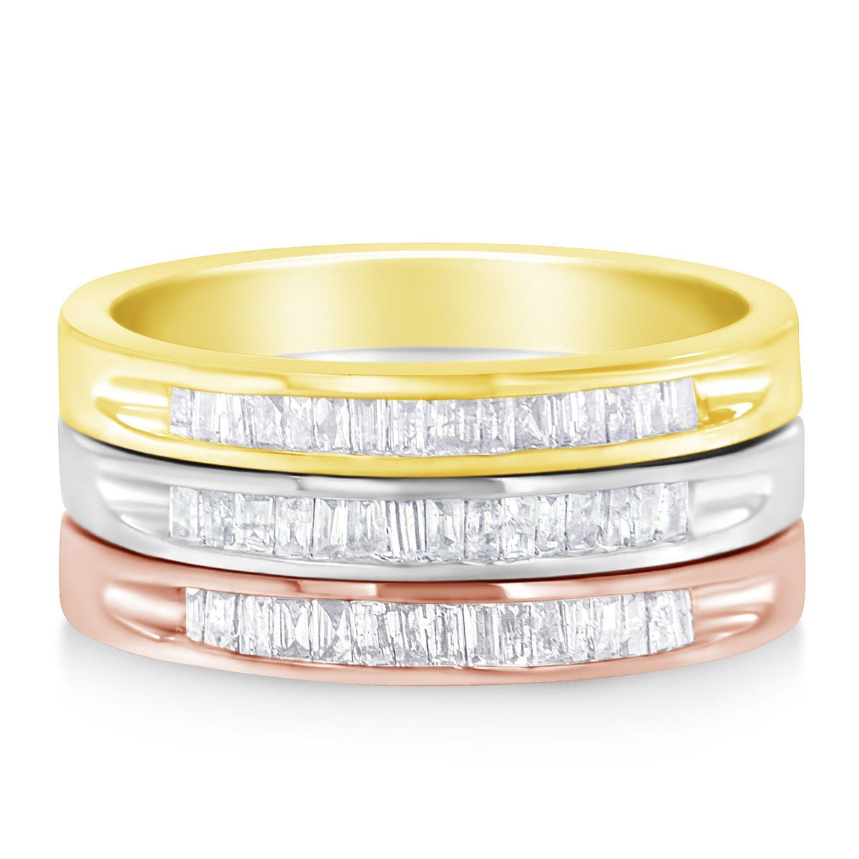 10K Yellow, White and Rose Gold over .925 Sterling Silver 5/8 Cttw Diamond Channel-Set Stackable Band Ring Set (H-I Color, I1-I2 Clarity) by Haus of Brilliance