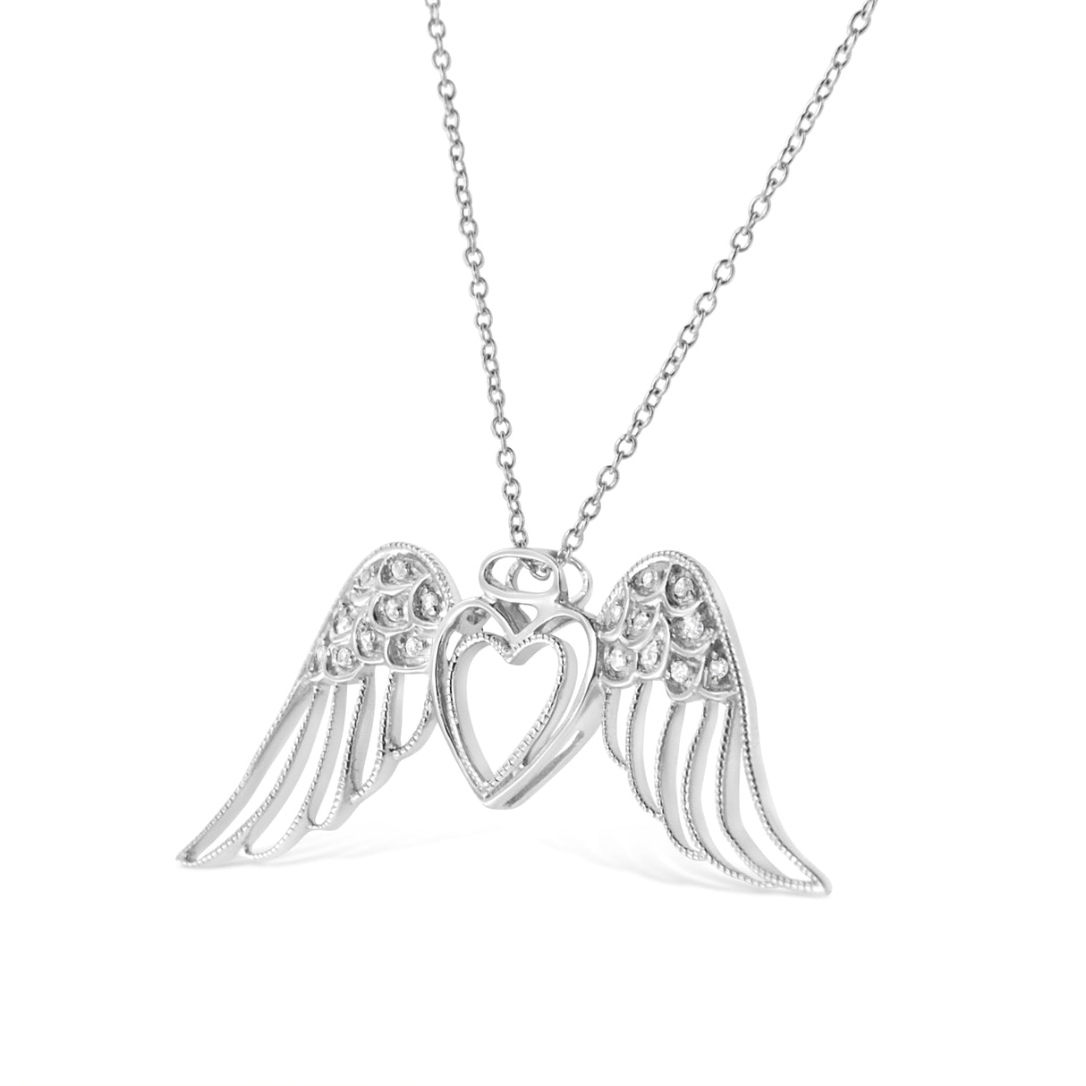 .925 Sterling Silver Pave-Set Diamond Accent Angel Wing 18" Double Heart Pendant Necklace (I-J Color, I1-I2 Clarity) by Haus of Brilliance