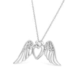 .925 Sterling Silver Pave-Set Diamond Accent Angel Wing 18" Double Heart Pendant Necklace (I-J Color, I1-I2 Clarity) by Haus of Brilliance