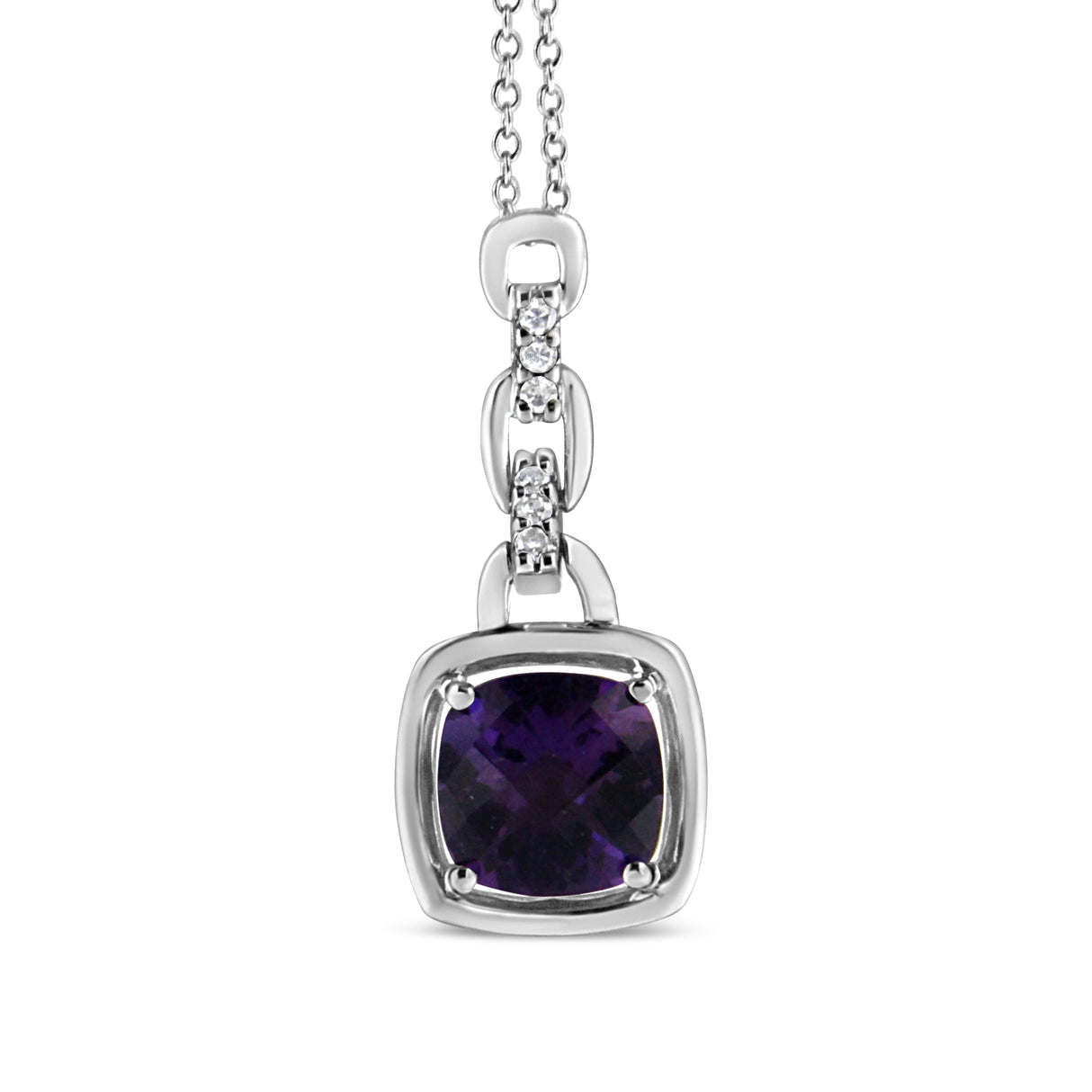 .925 Sterling Silver 6x6MM Cushion Shaped Natural Purple Amethyst and Diamond Accented Bale 18" Inch Pendant Necklace (I-J Color, I1-I2 Clarity) by Haus of Brilliance