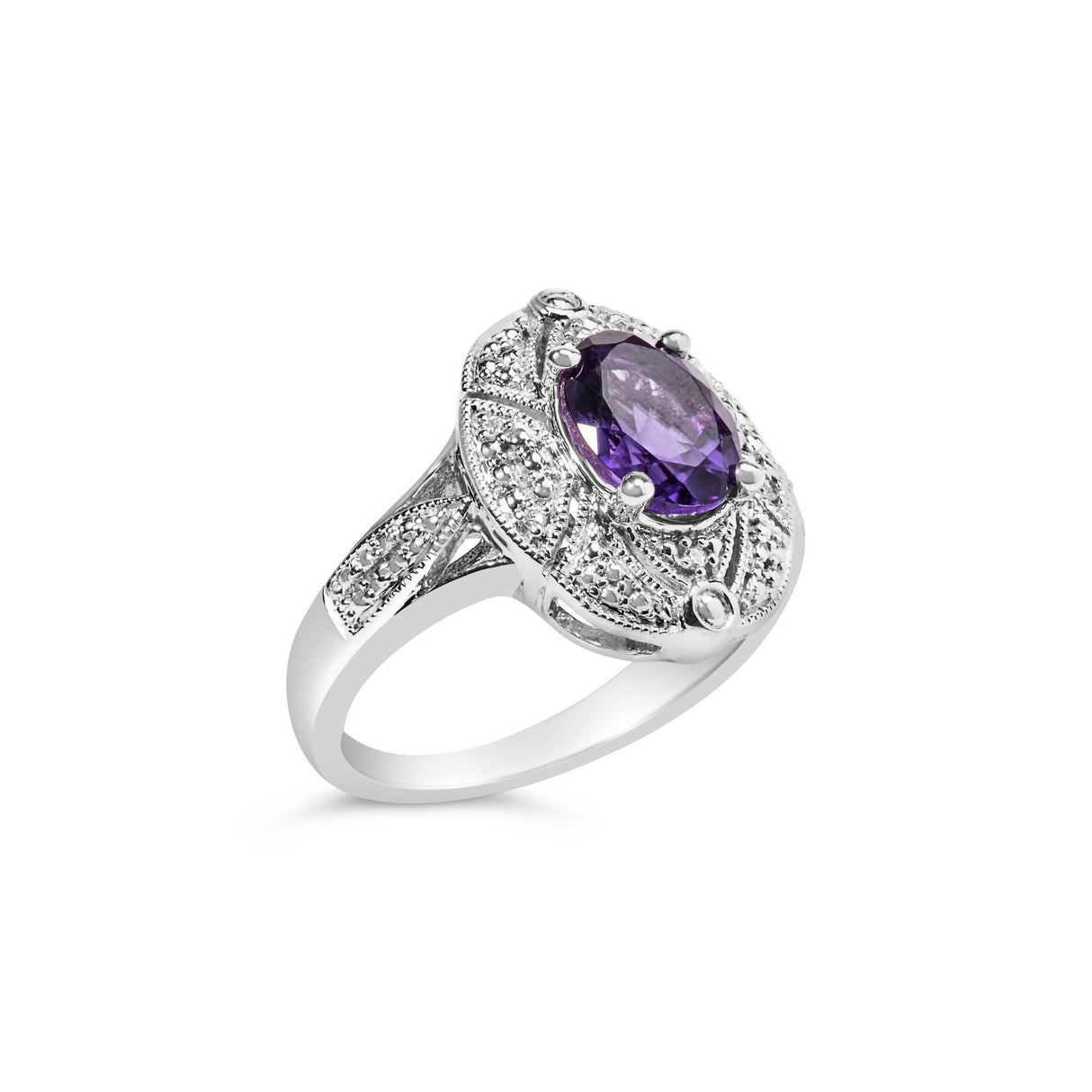 .925 Sterling Silver 9x7mm Oval Purple Amethyst and Round Diamond Accent Fashion Cocktail Ring (I-J Color, I1-I2 Clarity) by Haus of Brilliance