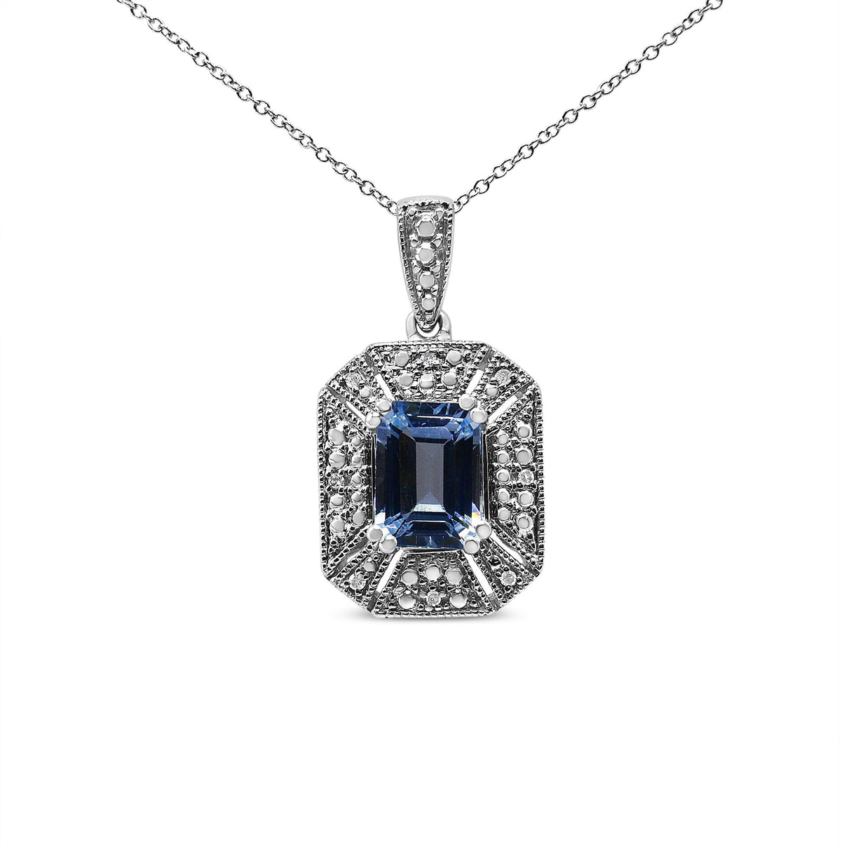 .925 Sterling Silver Blue Topaz and Diamond Accent Art Deco Style 18" Pendant Necklace (I-J Color, I1-I2 Clarity) by Haus of Brilliance