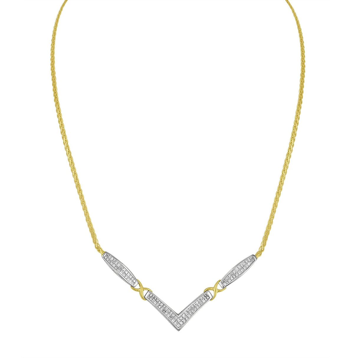 14K Yellow and White Gold 2.0 Cttw Princess Cut Diamond Flared and X-Station V Shaped 18” Franco Chain Statement Necklace (H-I Color, SI2-I1 Clarity) by Haus of Brilliance