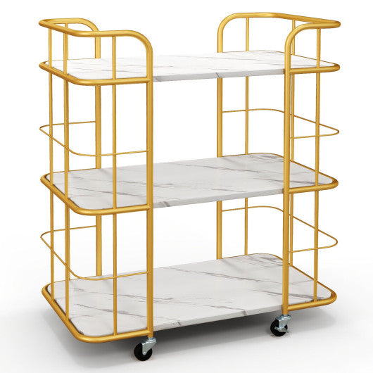 3-Tier Metal Kitchen Storage Serving Cart Trolley with Marble Tabletop and Handles-Golden