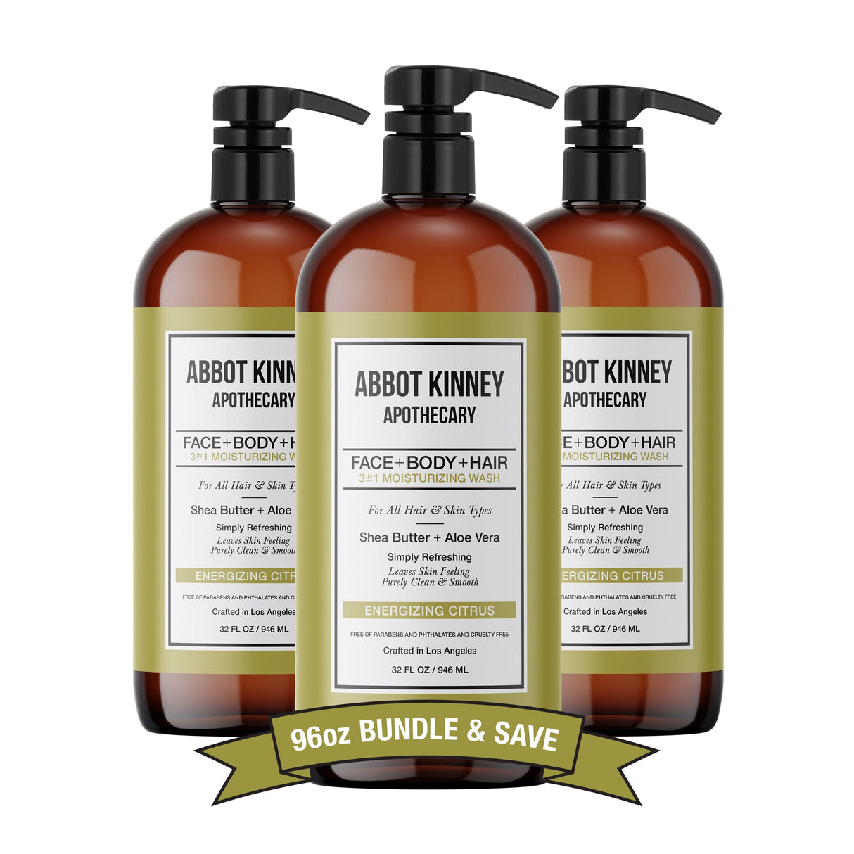 3 PACK - Men's 3-in-1 Moisturizing Shampoo, Conditioner, and Body Wash - Energizing Citrus 32oz by Abbot Kinney Apothecary by  Los Angeles Brands