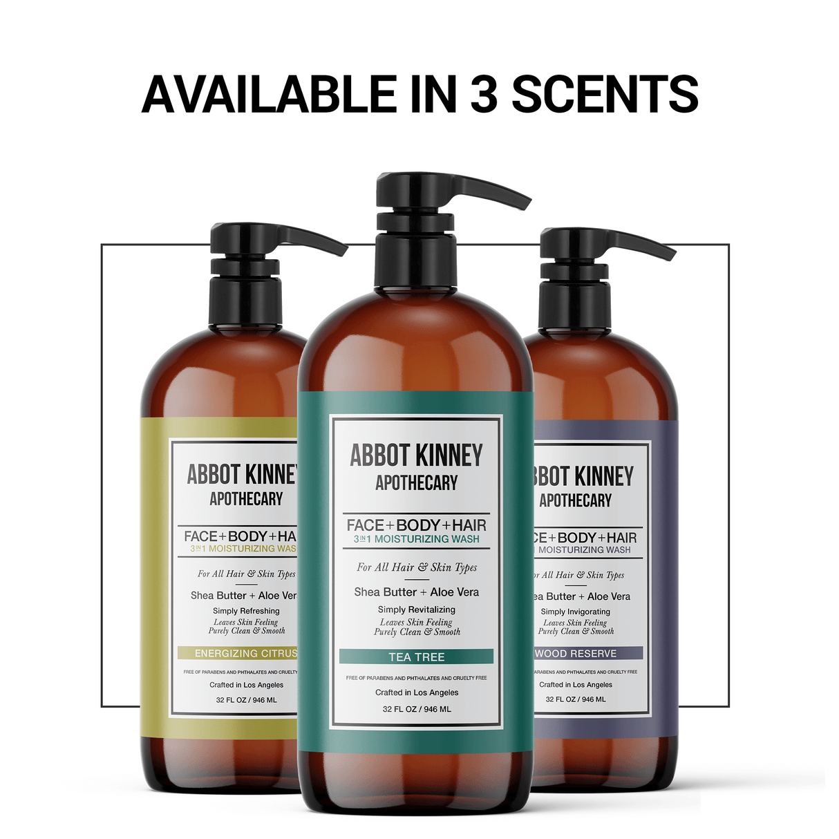 3 PACK - Men's 3-in-1 Moisturizing Shampoo, Conditioner, and Body Wash, Tea Tree 32oz by Abbot Kinney Apothecary by  Los Angeles Brands