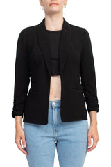 Philosophy Shawl Collar 3/4 Ruched Sleeve Knit Crepe with Belt Pockets by Curated Brands