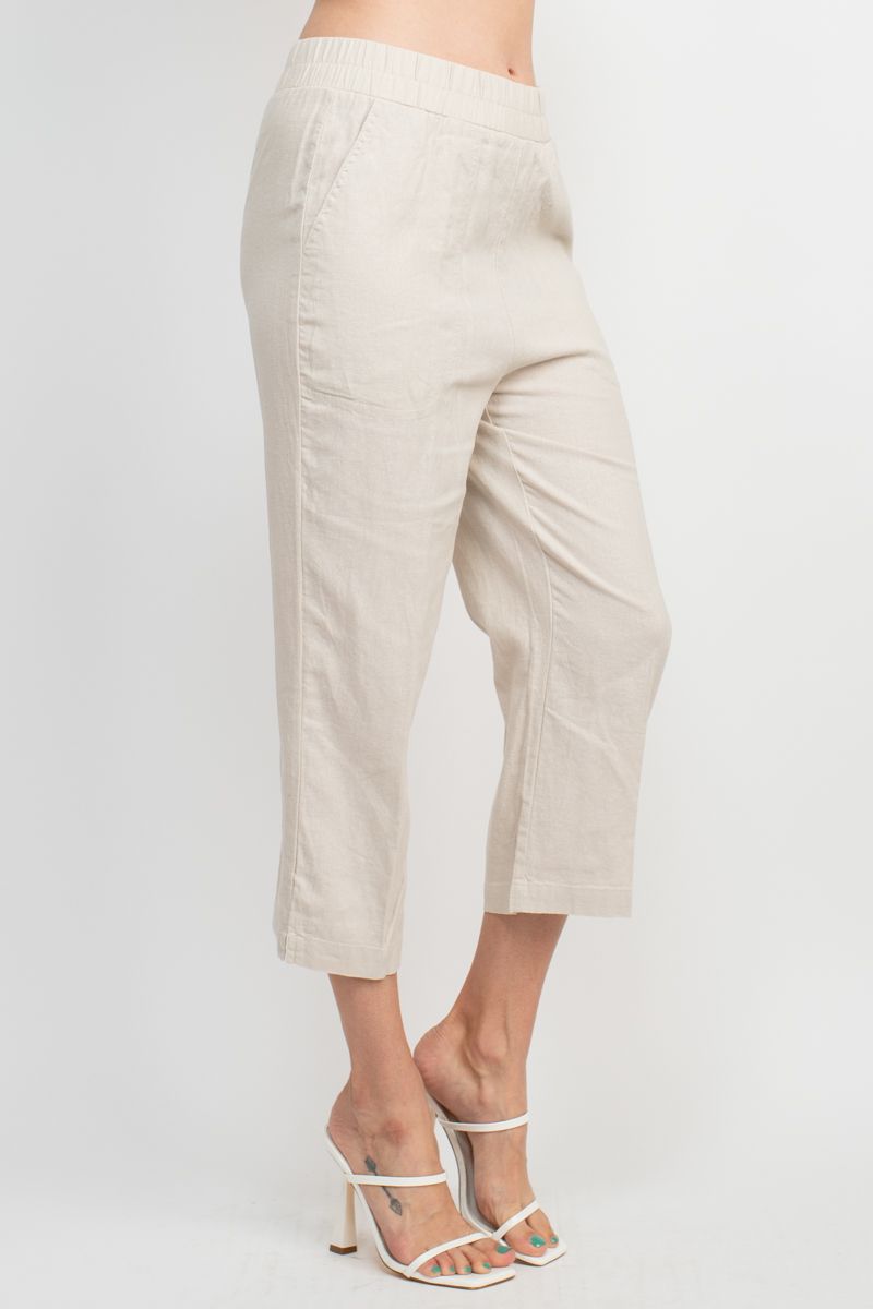 Land N Sea Pull-on Elastic Waist Slit Bottom Linen Gaucho Pant with Pockets by Curated Brands