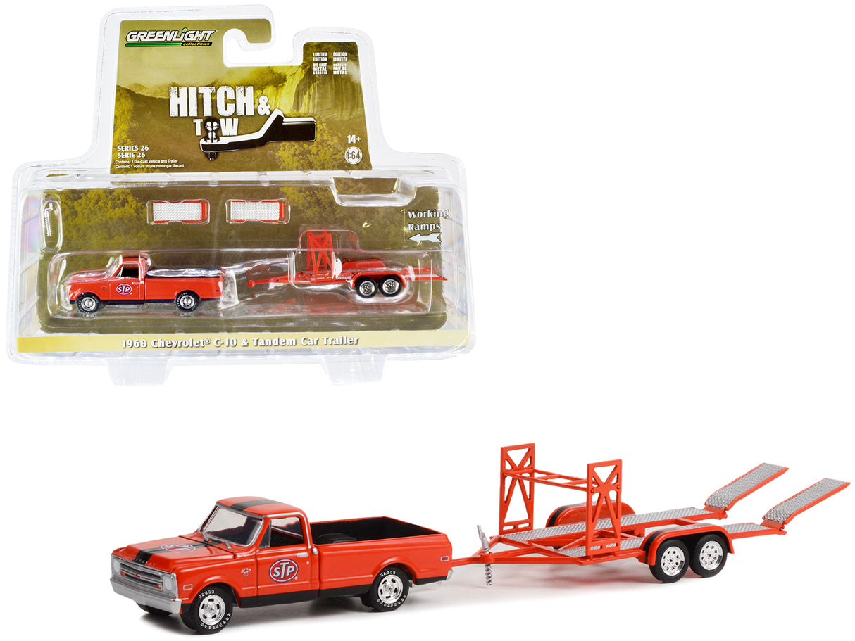 1968 Chevrolet C-10 Pickup Truck Orange with Black Stripes with Black Bed Cover and Tandem Car Trailer "STP" "Hitch & Tow" Series 26 1/64 Diecast Model Car by Greenlight