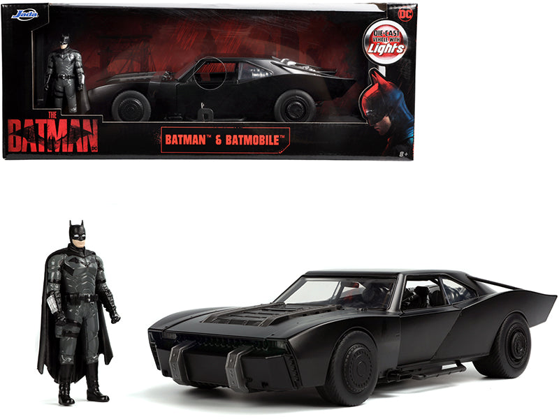 Batmobile Matt Black with Lights with Batman Diecast Figurine "The Batman" (2022) Movie "DC Comics" 1/18 Diecast Model Car by Jada