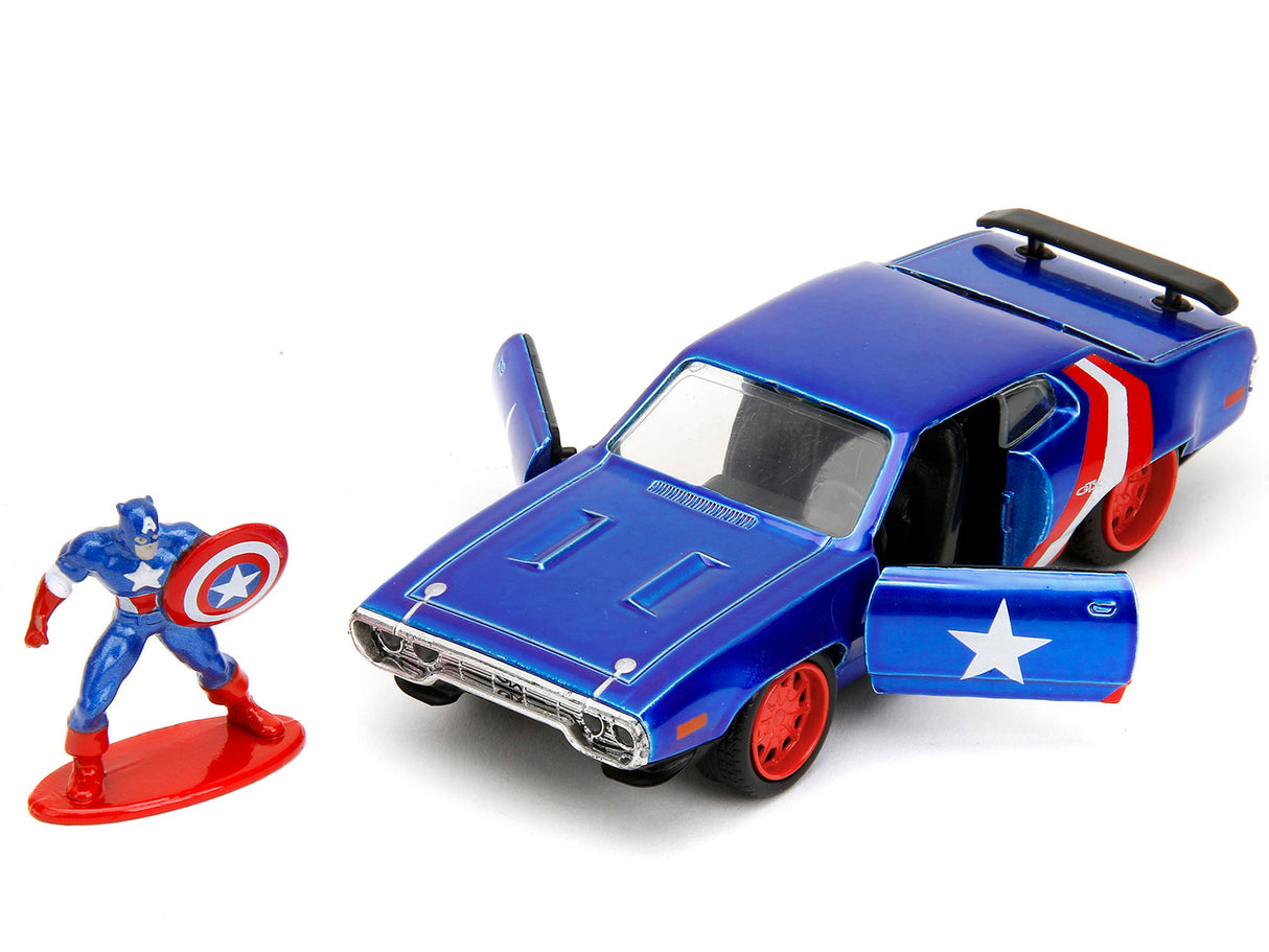 1972 Plymouth GTX Candy Blue with Red and White Stripes and Captain America Diecast Figure "The Avengers" "Hollywood Rides" Series 1/32 Diecast Model Car by Jada