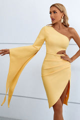 Cutout Split Flare Sleeve One-Shoulder Dress by Faz