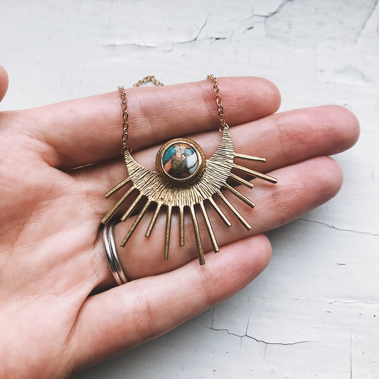 Sun Goddess Necklace - Sun Pendant with Copper Oyster Turquoise by Yugen Handmade