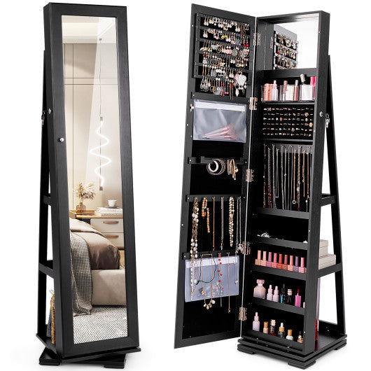 360° Rotatable 2-in-1 Lockable Jewelry Cabinet with Full-Length Mirror-Black