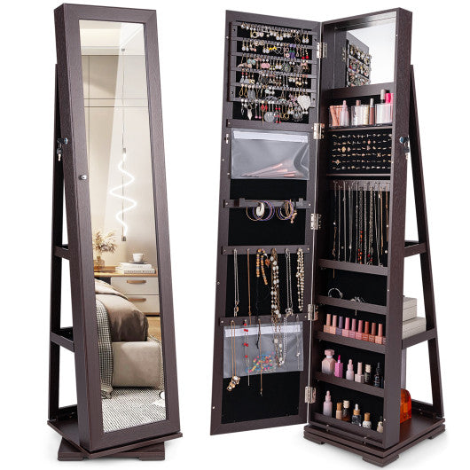 360° Rotatable 2-in-1 Lockable Jewelry Cabinet with Full-Length Mirror-Dark Brown