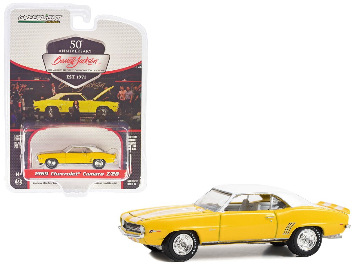 1969 Chevrolet Camaro Z/28 Daytona Yellow with White Stripes Top and Interior (Lot #1043) Barrett Jackson "Scottsdale Edition" Series 12 1/64 Diecast Model Car by Greenlight