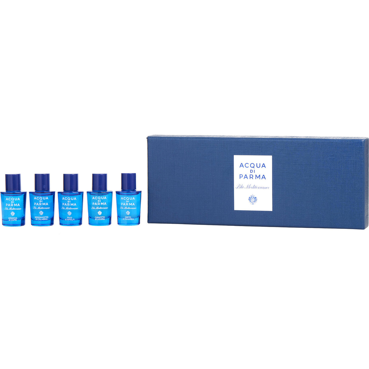 ACQUA DI PARMA BLUE MEDITERRANEO VARIETY by Acqua di Parma - 5 PIECE VARIETY WITH ARANCIA DI CAPRI & BERGAMOTTO DI CALABRIA & FICO DI AMALFI & MIRTO DI PANAREA & CHINOTTO DI LIGURIA AND ALL ARE EDT 0.17 OZ MINI - Unisex