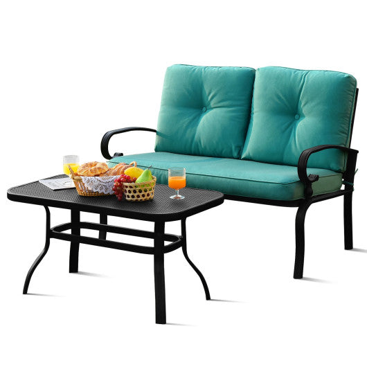 2PCS Patio Loveseat Bench Table Furniture Set with Cushioned Chair-Turquoise