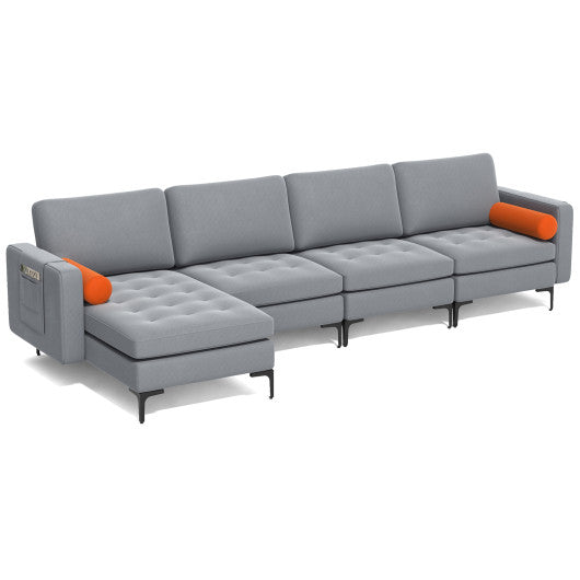 Modular L-shaped 4-Seat Sectional Sofa with Reversible Chaise and 2 USB Ports-Gray