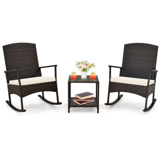 3 Piece Patio Rocking Set Wicker Rocking Chairs with 2-Tier Coffee Table-Off White