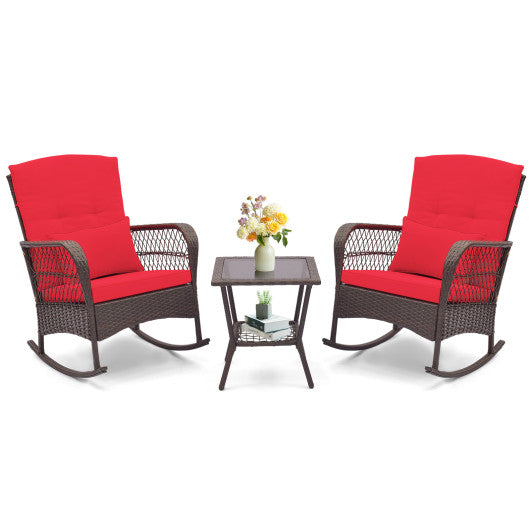 3 Pieces Rocking Bistro Set with 2-Tier Coffee Table-Red