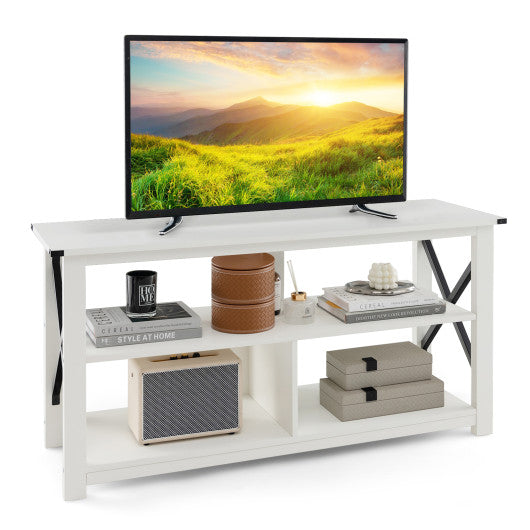 3 Tier Wood TV Stand for 55-Inch with Open Shelves and X-Shaped Frame-White