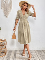 Tie Cuff Deep V Button Down Dress by Faz