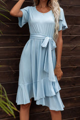 Tie Waist Petal Sleeve Ruffle Hem Dress by Faz