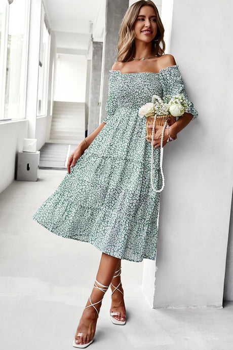 Ditsy Floral Off-Shoulder Smocked Midi Dress by Faz