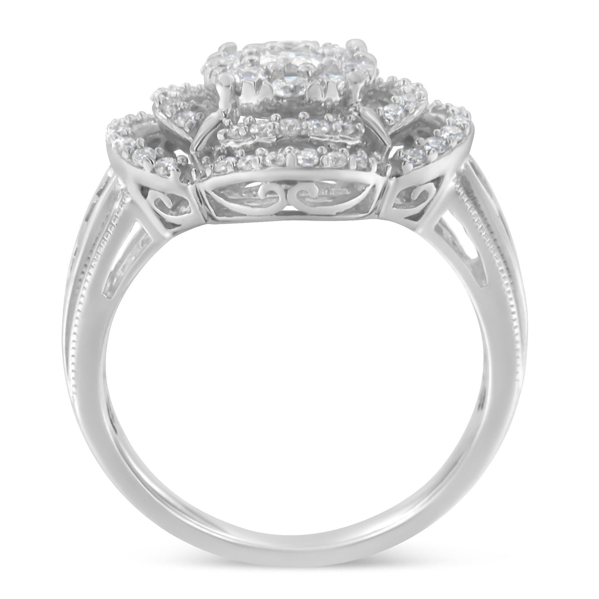 14K White Gold 1.0 Cttw Round & Baguette Cut Diamond Floral Cluster Quatrefoil Channel Set Band Cocktail Statement Ring (H-I Color, SI2-I1 Clarity) by Haus of Brilliance