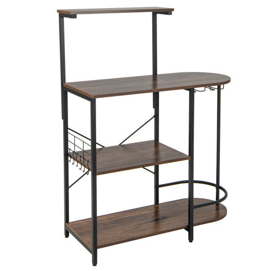 4-Tier Kitchen Bakers Rack with 6 S-Hooks and Stemware Racks-Rustic Brown