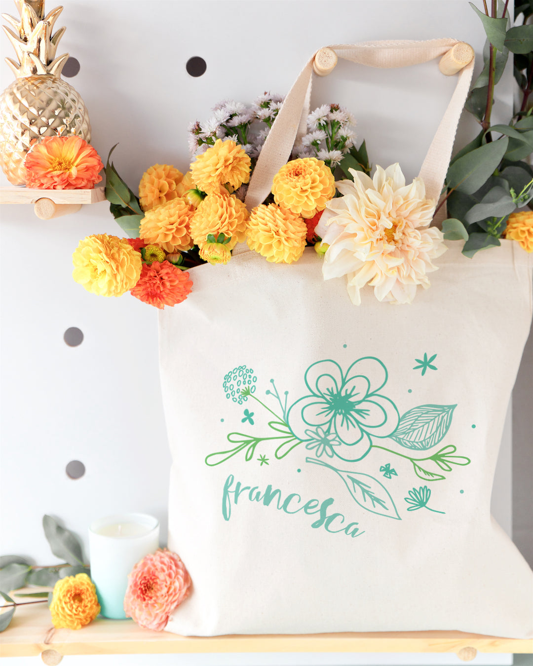 Personalized Name Aqua Floral Cotton Canvas Tote Bag by The Cotton & Canvas Co.