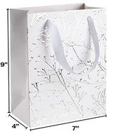 White Floral Stems Design Foil Stamped Gift Bags 24 Pack 9"x 7"x 4" by Hammont