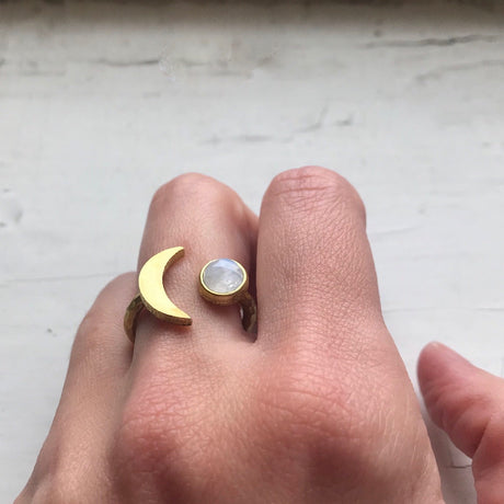 Moon Goddess Ring - Crescent Moon with Rainbow Moonstone by Yugen Handmade