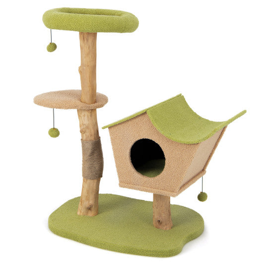 43 Inch Wooden Cat Tree with Padded Top Perch-Green