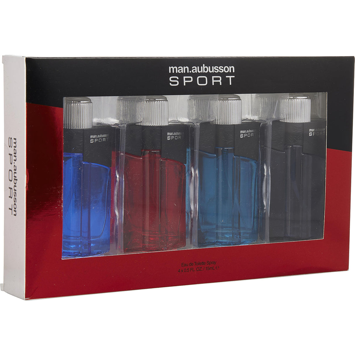 AUBUSSON VARIETY by Aubusson - 4 PIECE MENS MINI VARIETY WITH SPORT BLUE & SPORT RED & SPORT AQUA & SPORT BLACK & ALL ARE EDT SPRAY 0.5 OZ - Men