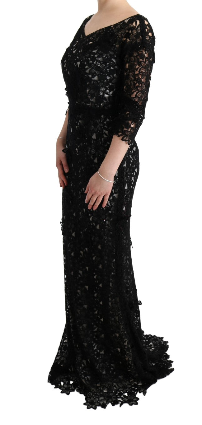 Black Cotton Silk Floral Long Dress by Faz