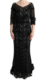 Black Cotton Silk Floral Long Dress by Faz