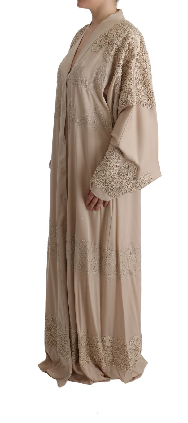 Beige Floral Applique Lace Kaftan Dress by Faz