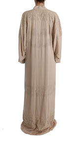 Beige Floral Applique Lace Kaftan Dress by Faz