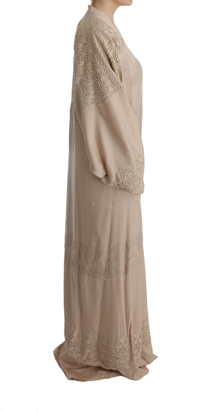 Beige Floral Applique Lace Kaftan Dress by Faz