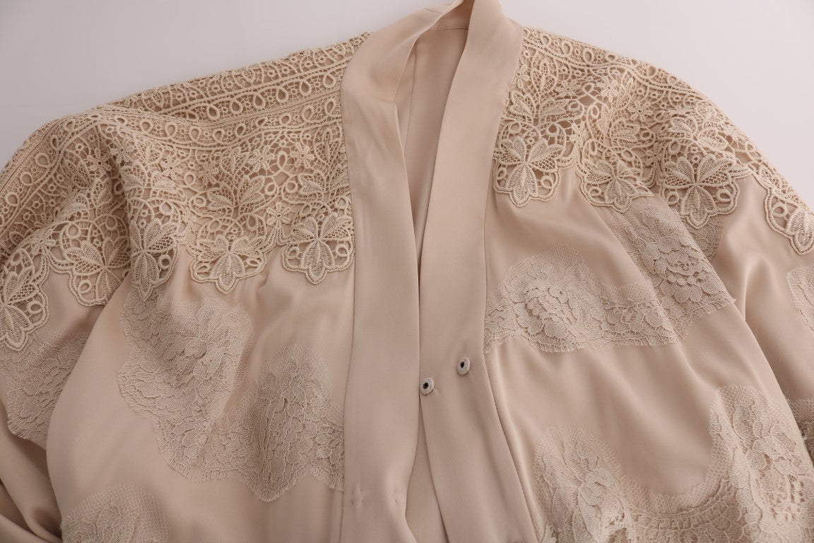 Beige Floral Applique Lace Kaftan Dress by Faz